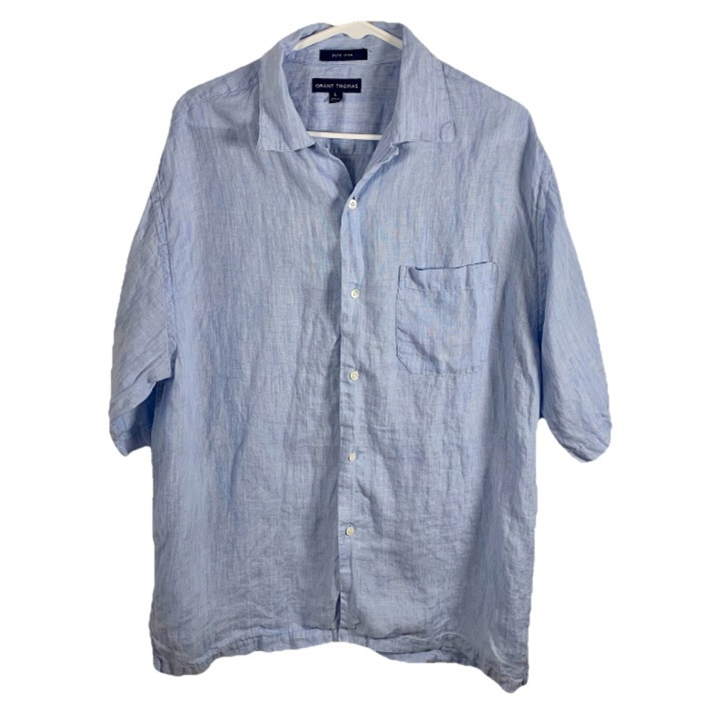 Grant Thomas Men's Blue 100% Pure Linen Short Sleeve Button Up Shirt Size Large